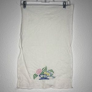 Vintage Floral Embroidered Tea Towel -‎ White Towel with Flowers in a Blue Vase